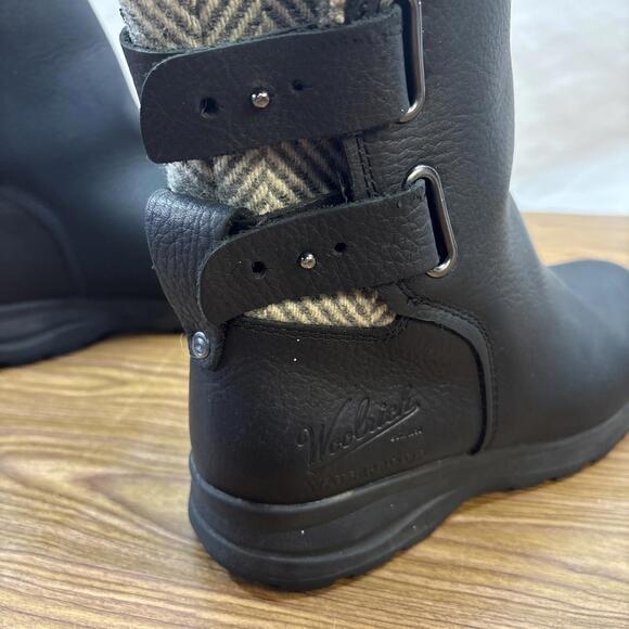 Woolrich Black Leather Herringbone Wool Waterproof Boots | Women’s 6 | Excellent - Picture 6 of 12